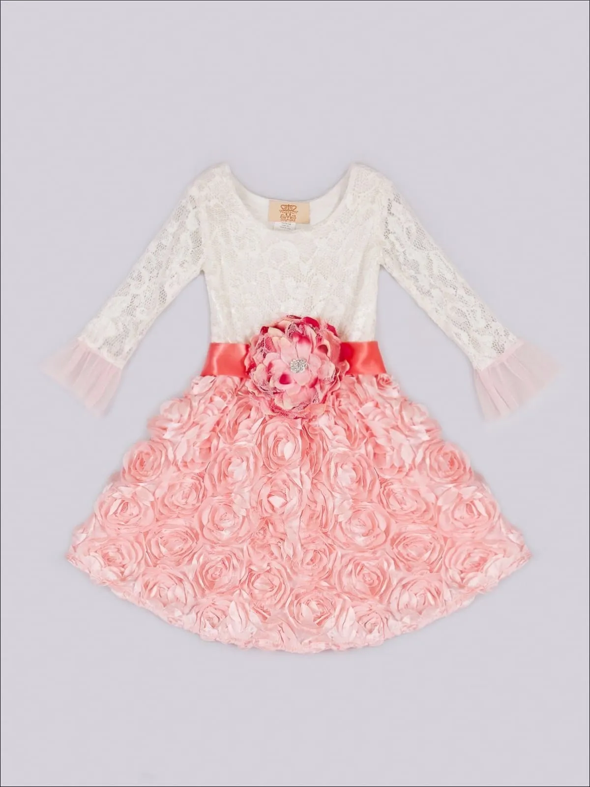 Girls Pink Crème Rosette Lace Hi-Low Dress