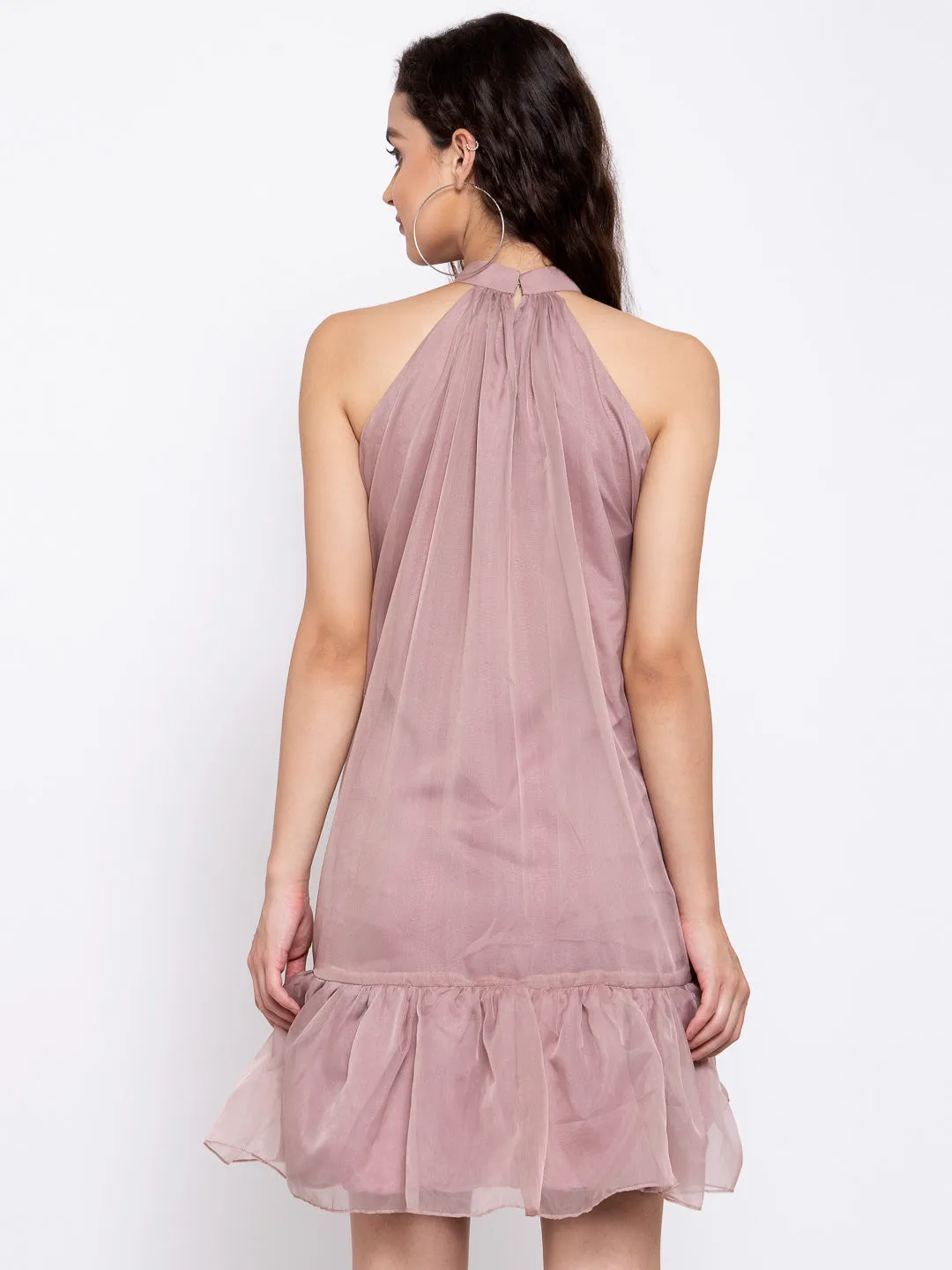 Halter Neck Flared Mauve Color Dress