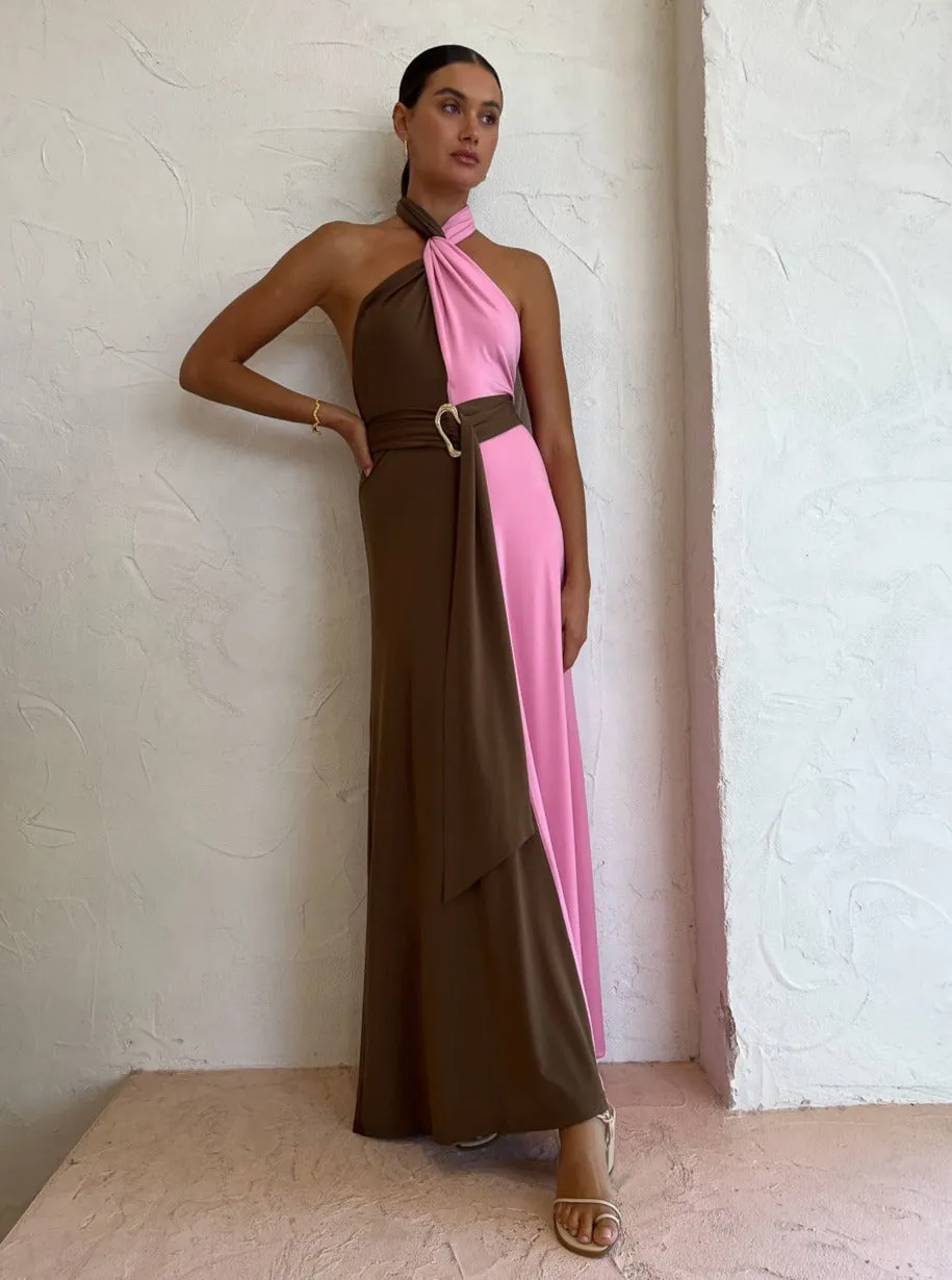 Hansen and Gretel Tempest Halter Wrap Dress in Carob/Pink