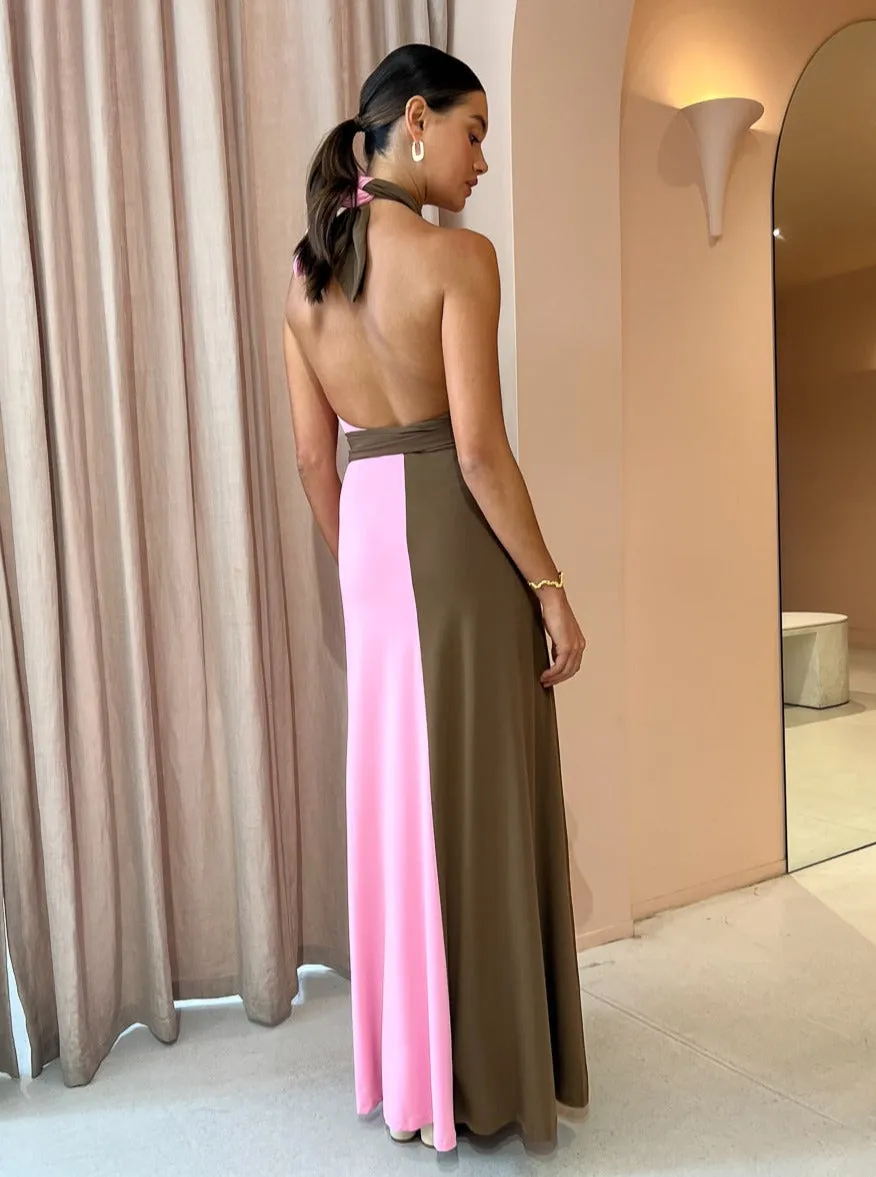 Hansen and Gretel Tempest Halter Wrap Dress in Carob/Pink