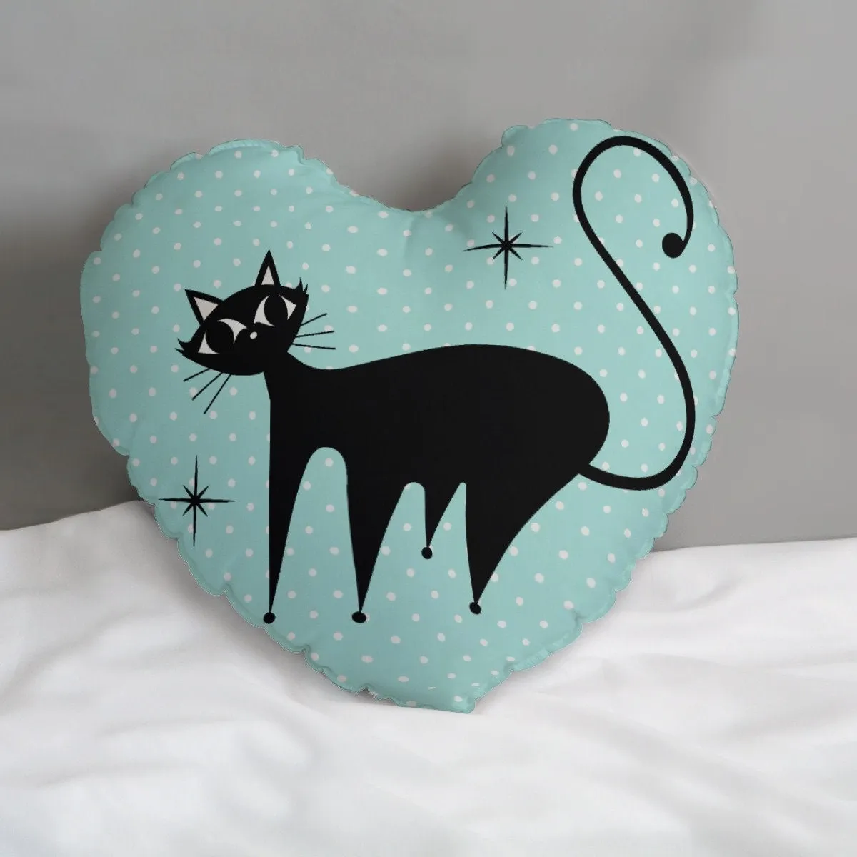 Heart Pillow, Retro Cat Pillow, Blue Polka Dot Pillow, 50s Cat Pillow, Heart Shaped Pillow, Decorative Pillow, Blue Polka Dot Accent Pillow