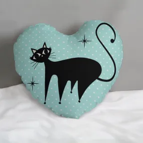 Heart Pillow, Retro Cat Pillow, Blue Polka Dot Pillow, 50s Cat Pillow, Heart Shaped Pillow, Decorative Pillow, Blue Polka Dot Accent Pillow