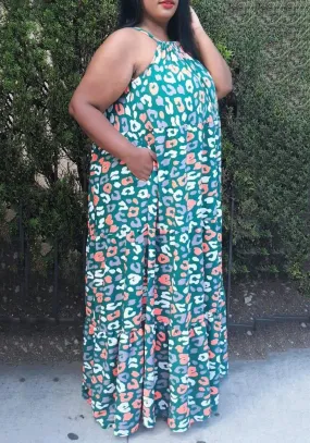 Hi Curvy Plus Size Women Print Halter Neck Flare Maxi Dress