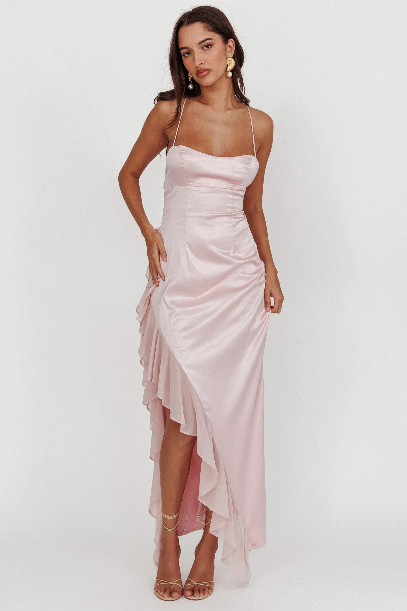 Katarina Satin Ruffle Hem Maxi Dress Cheek