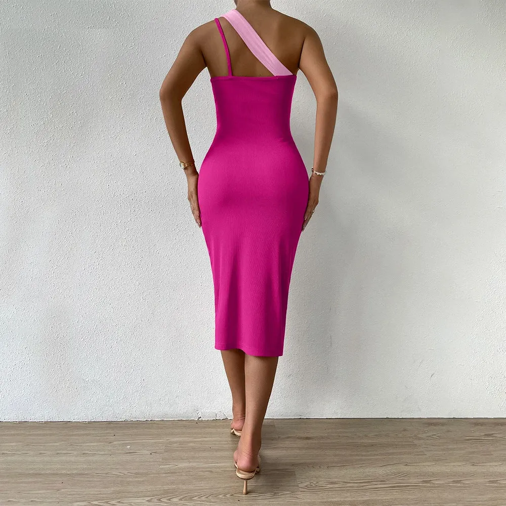 Knitted Color Contrast Patchwork Design Chest Hollow Out Cutout Cinched Sheath Dress