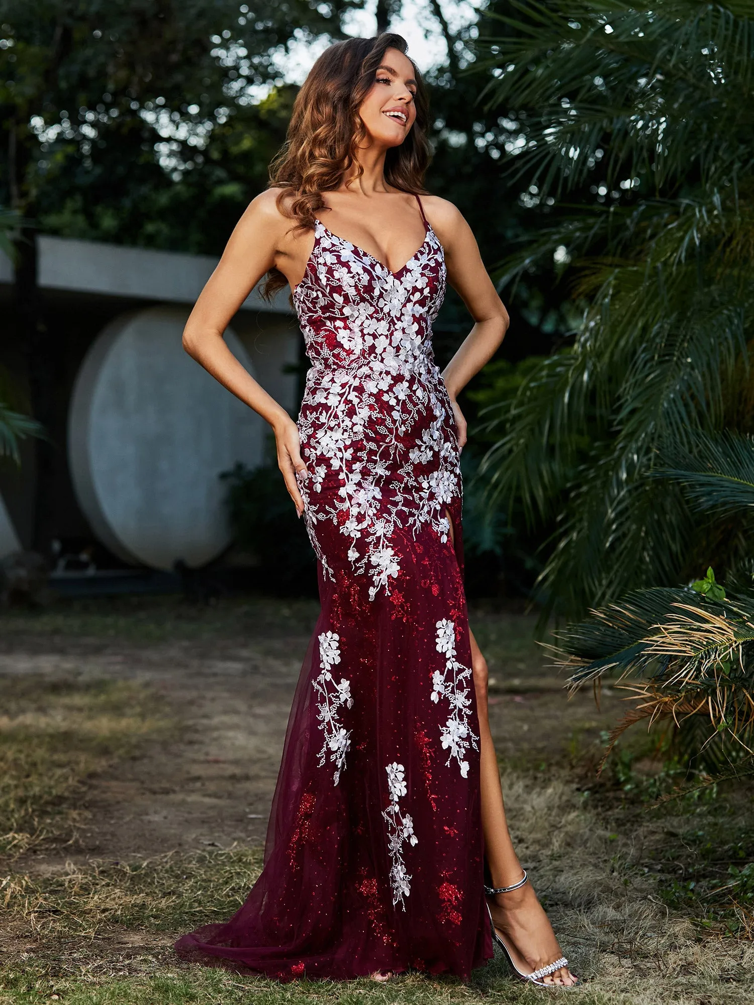 Lace Applique High Slit Fitted Tulle Dress Burgundy