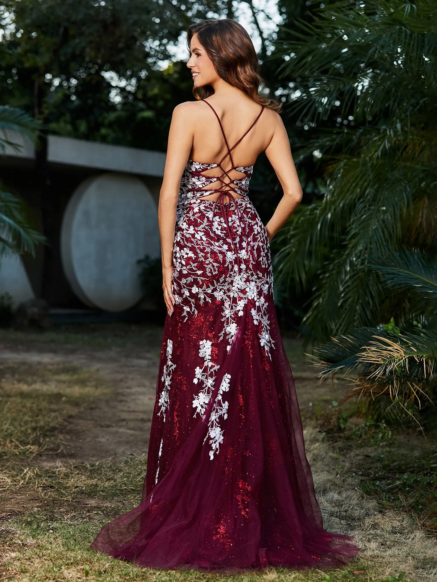 Lace Applique High Slit Fitted Tulle Dress Burgundy