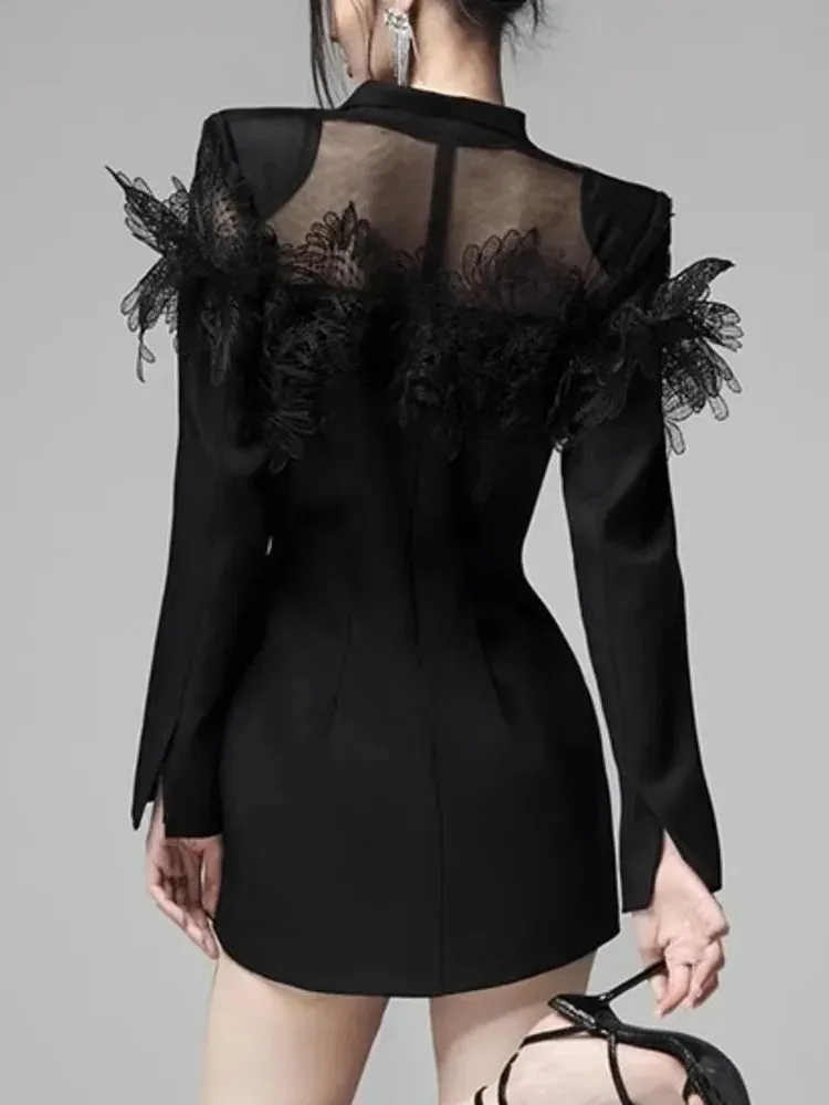 Lace Patchwork Notched Collar Blazer Dress