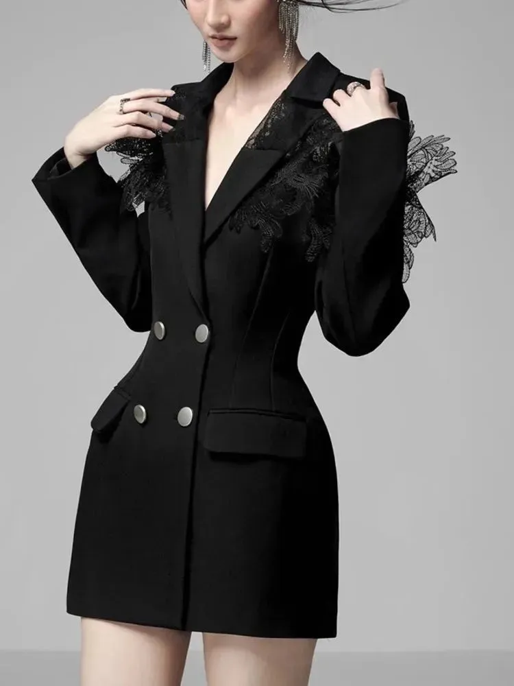 Lace Patchwork Notched Collar Blazer Dress