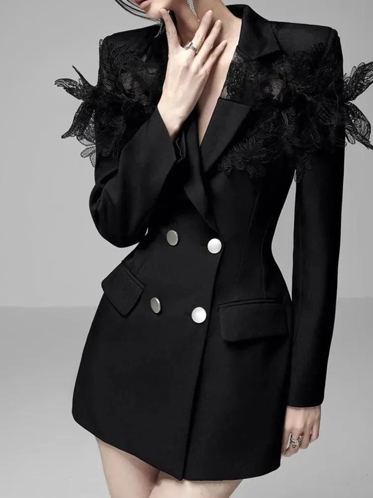 Lace Patchwork Notched Collar Blazer Dress