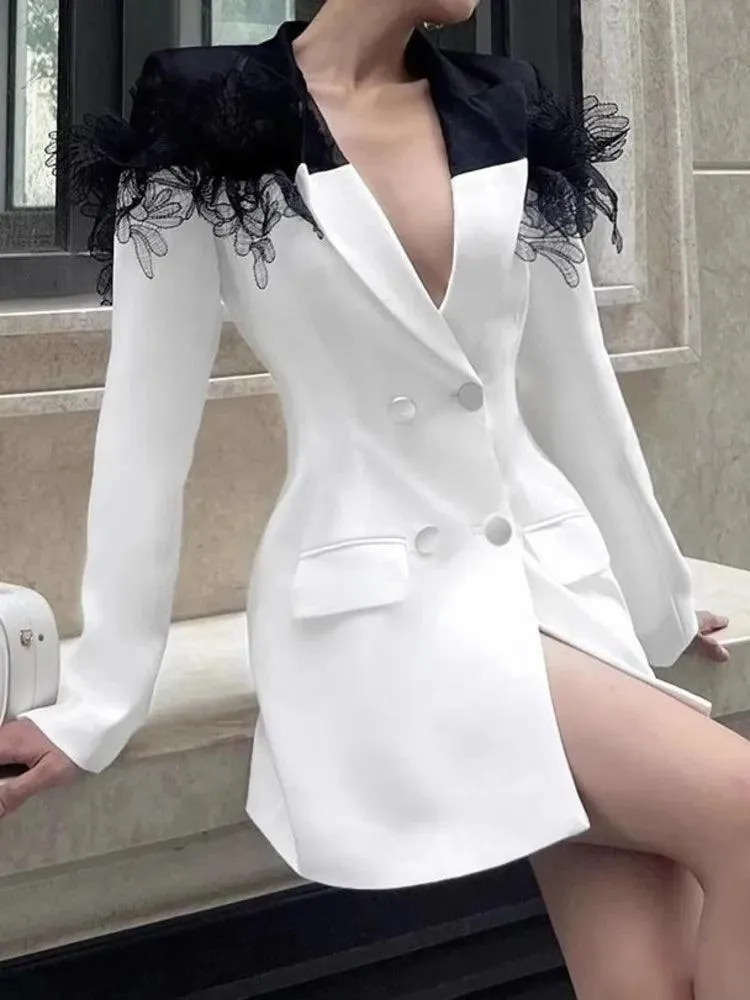 Lace Patchwork Notched Collar Blazer Dress
