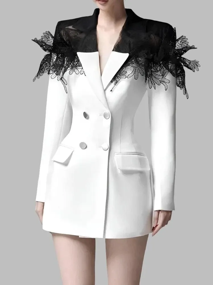 Lace Patchwork Notched Collar Blazer Dress