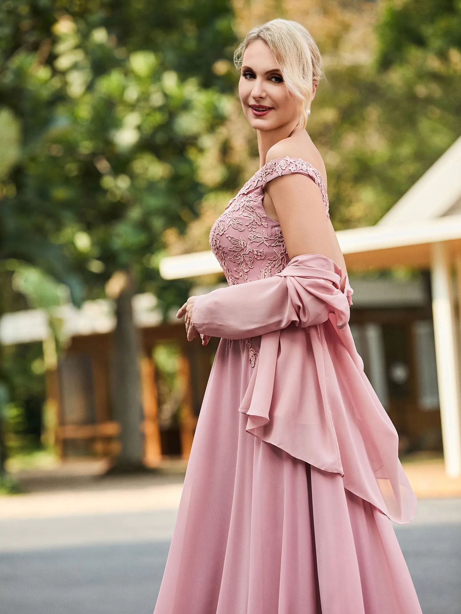 Lace Top V-neck Floor-length Dress with Jacket Dusty Rose