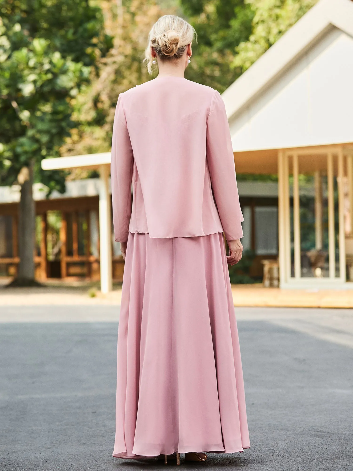Lace Top V-neck Floor-length Dress with Jacket Dusty Rose