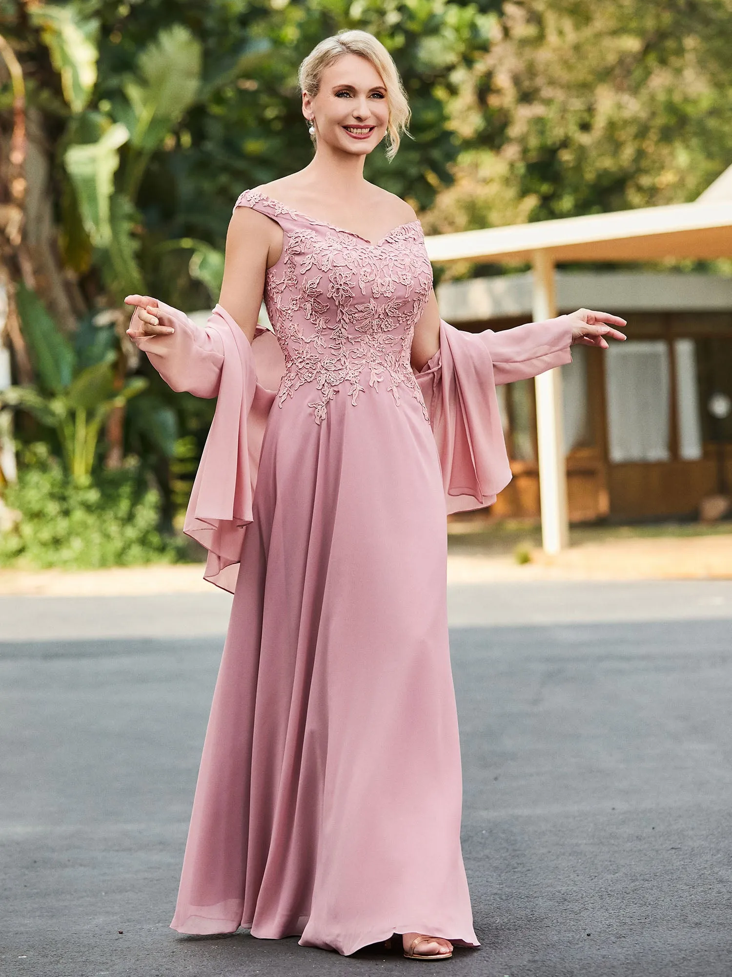 Lace Top V-neck Floor-length Dress with Jacket Dusty Rose