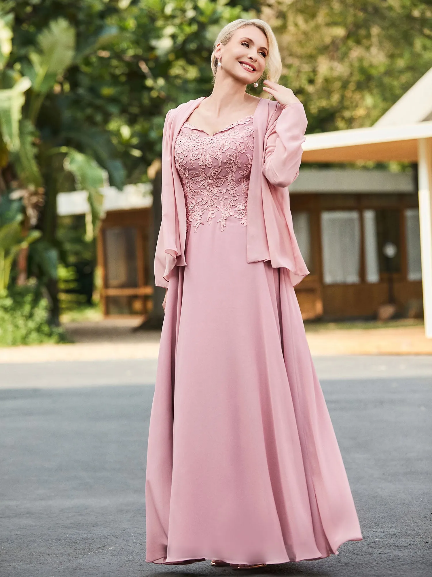 Lace Top V-neck Floor-length Dress with Jacket Dusty Rose