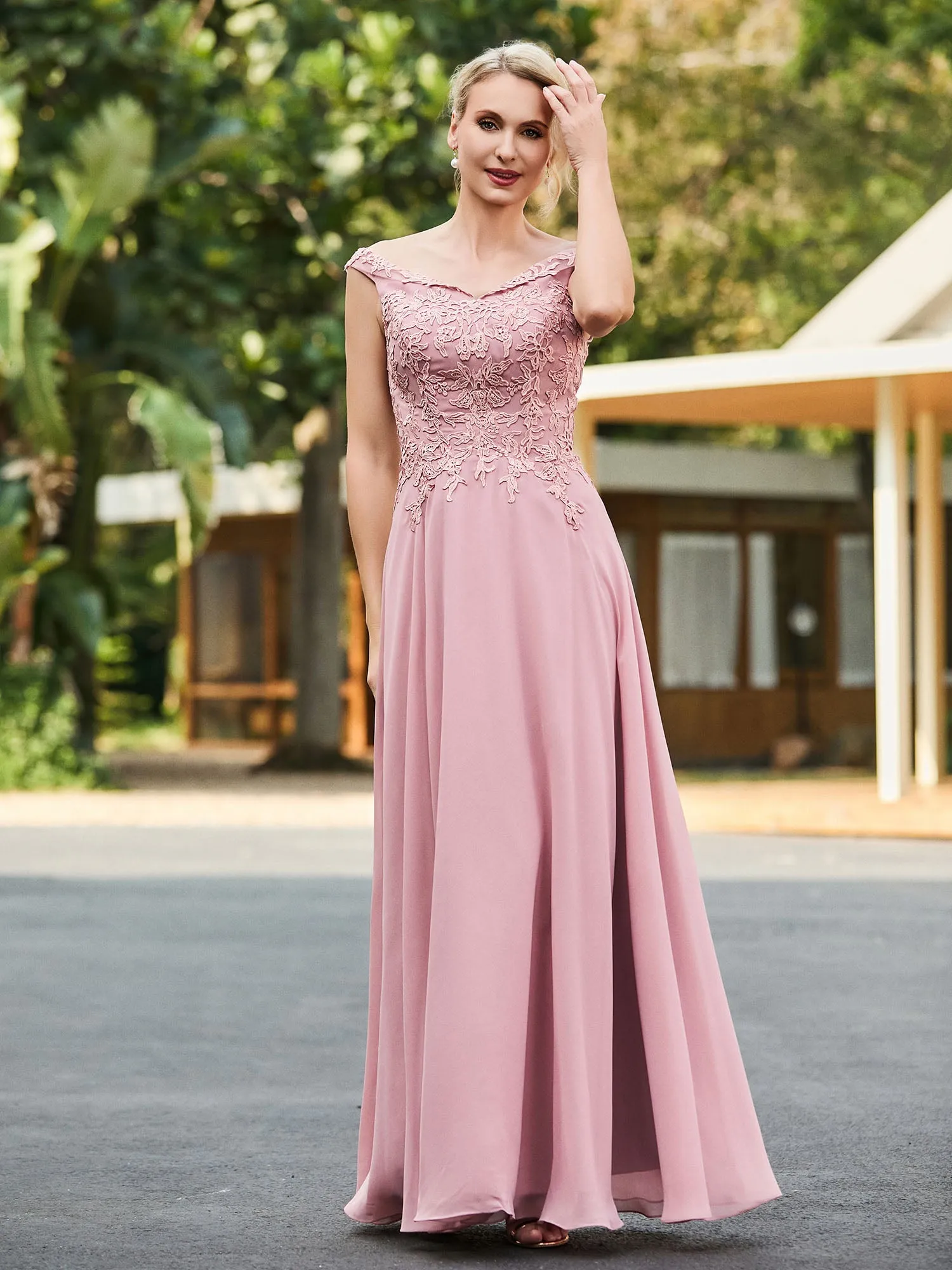 Lace Top V-neck Floor-length Dress with Jacket Dusty Rose
