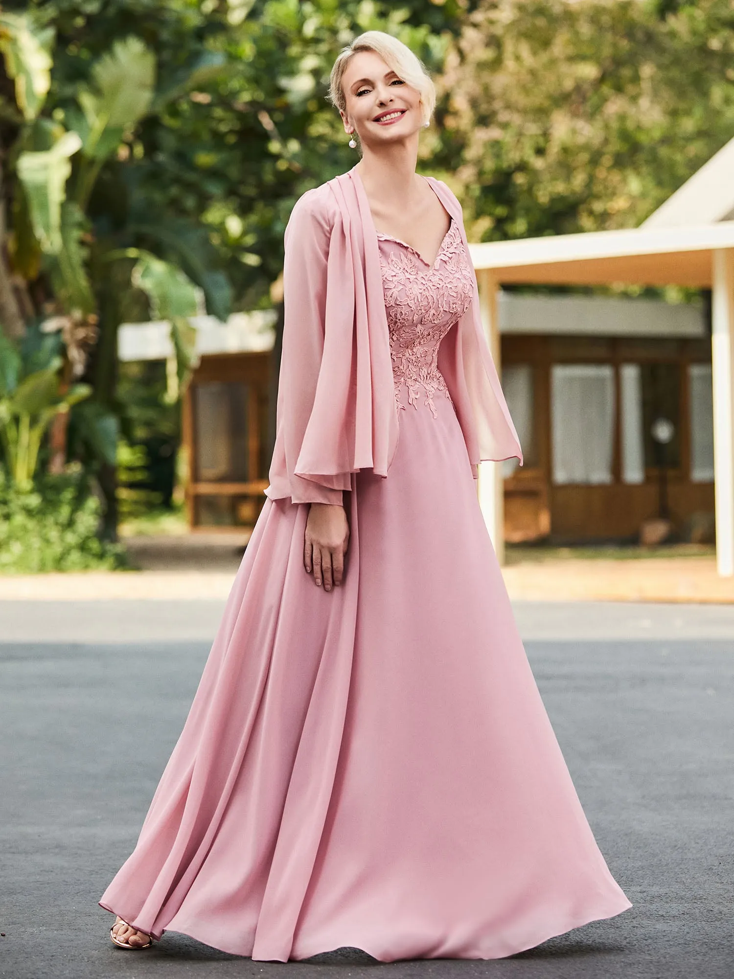 Lace Top V-neck Floor-length Dress with Jacket Dusty Rose