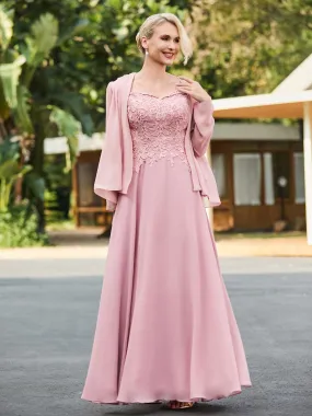 Lace Top V-neck Floor-length Dress with Jacket Dusty Rose