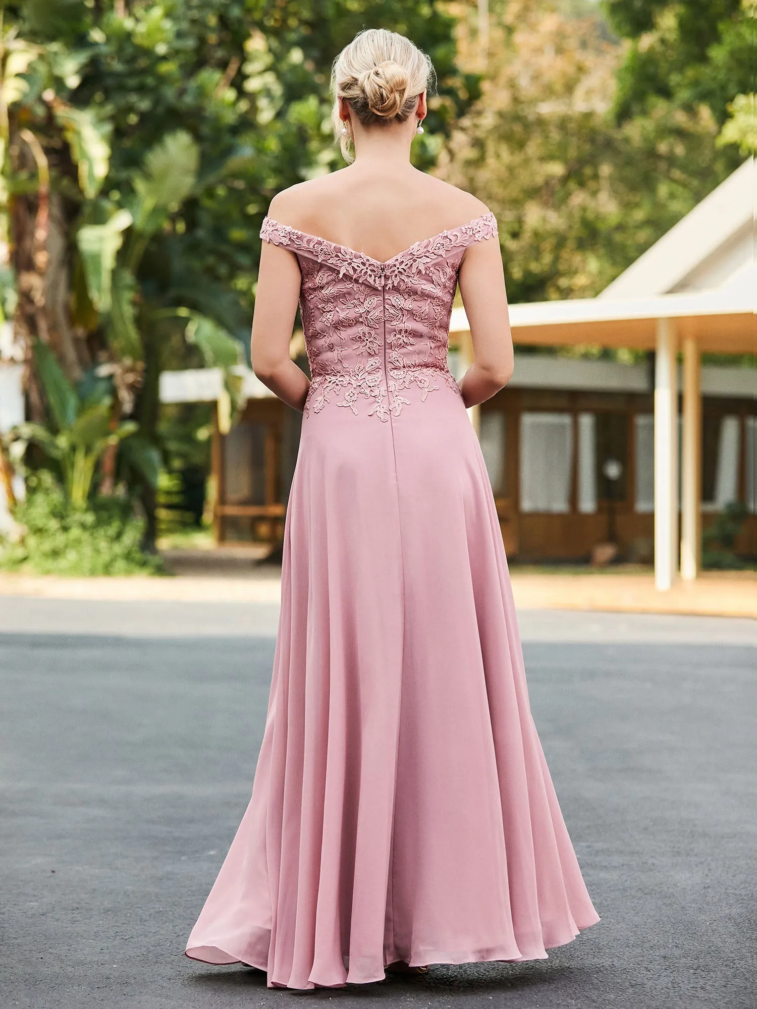 Lace Top V-neck Floor-length Dress with Jacket Dusty Rose