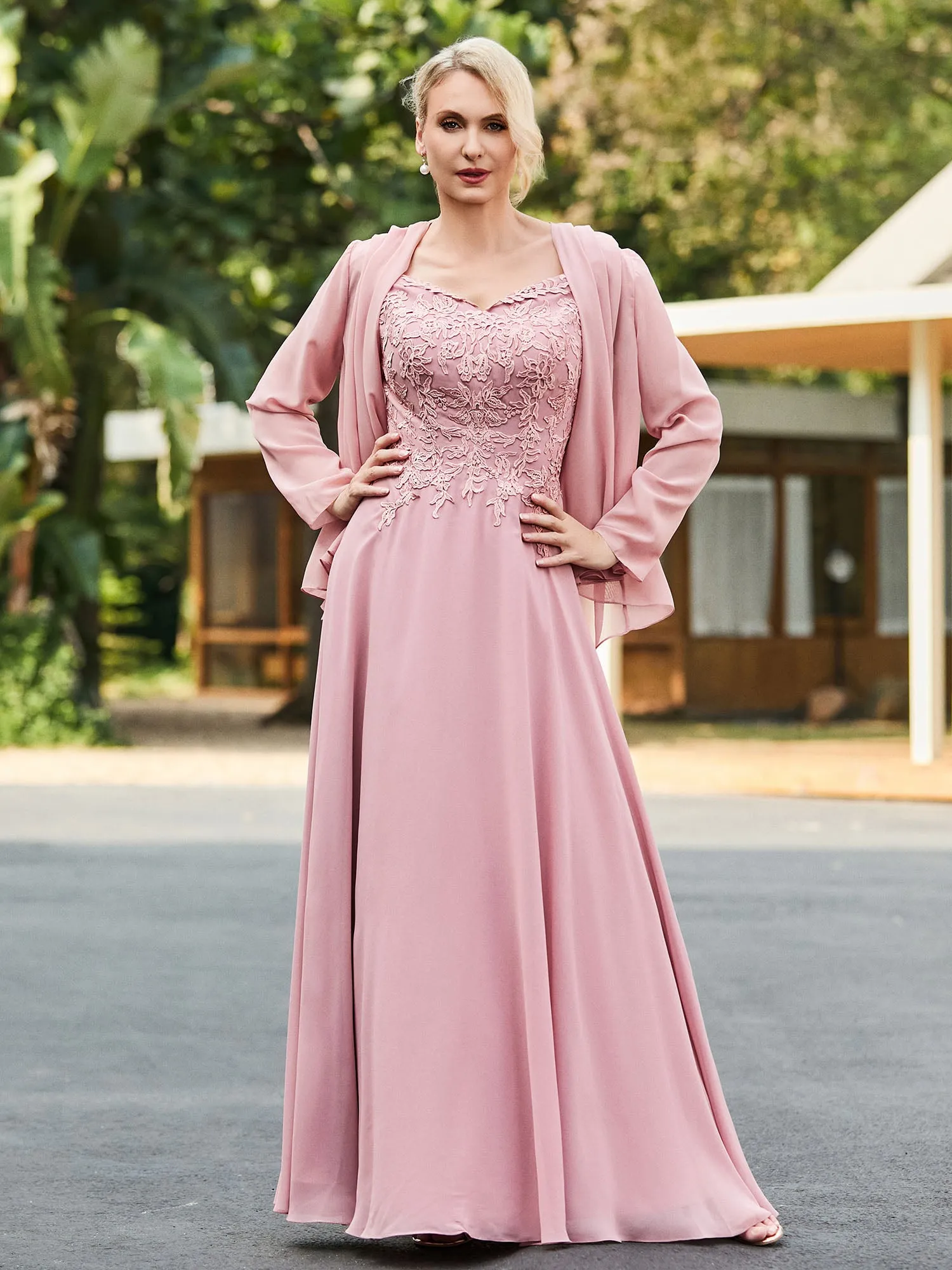 Lace Top V-neck Floor-length Dress with Jacket Dusty Rose