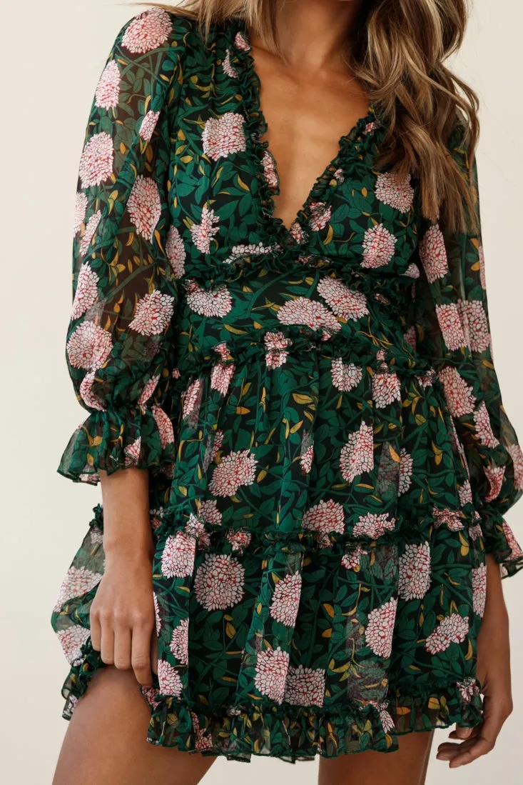Laney Cutout Back Ruffle Trim Dress Floral Print Green