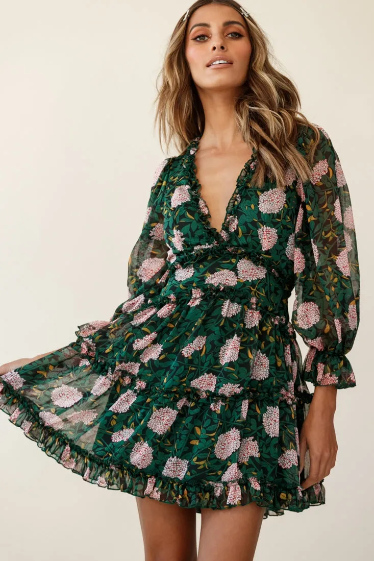 Laney Cutout Back Ruffle Trim Dress Floral Print Green