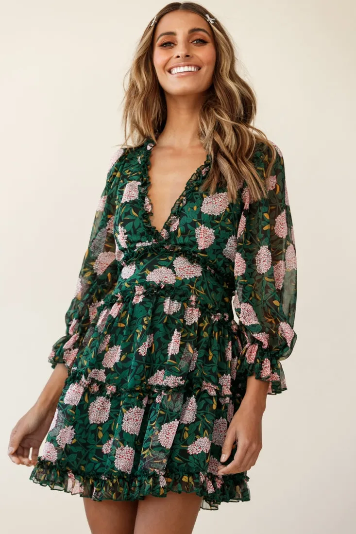 Laney Cutout Back Ruffle Trim Dress Floral Print Green