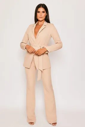Layala - Nude Belted Blazer & Flared Trouser Set