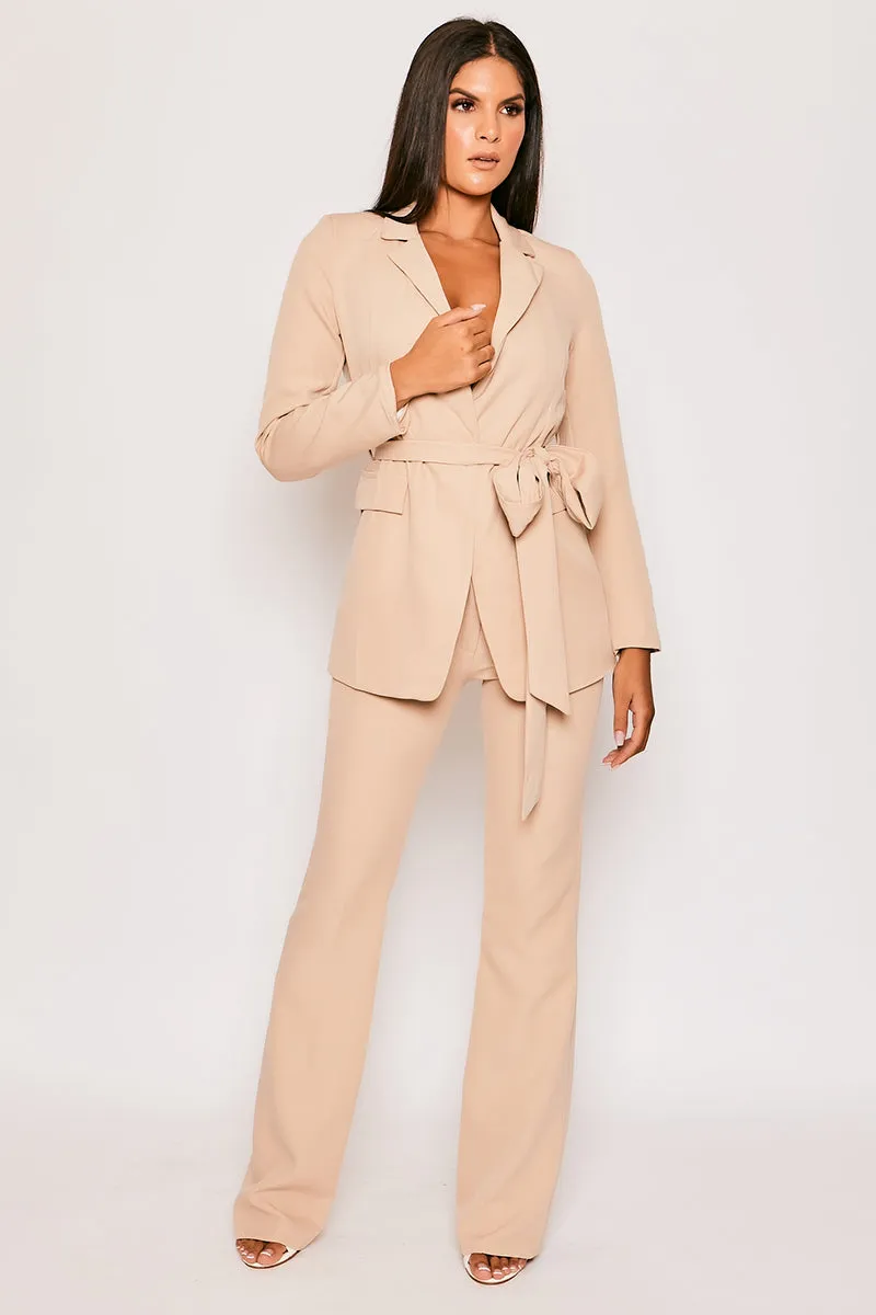 Layala - Nude Belted Blazer & Flared Trouser Set