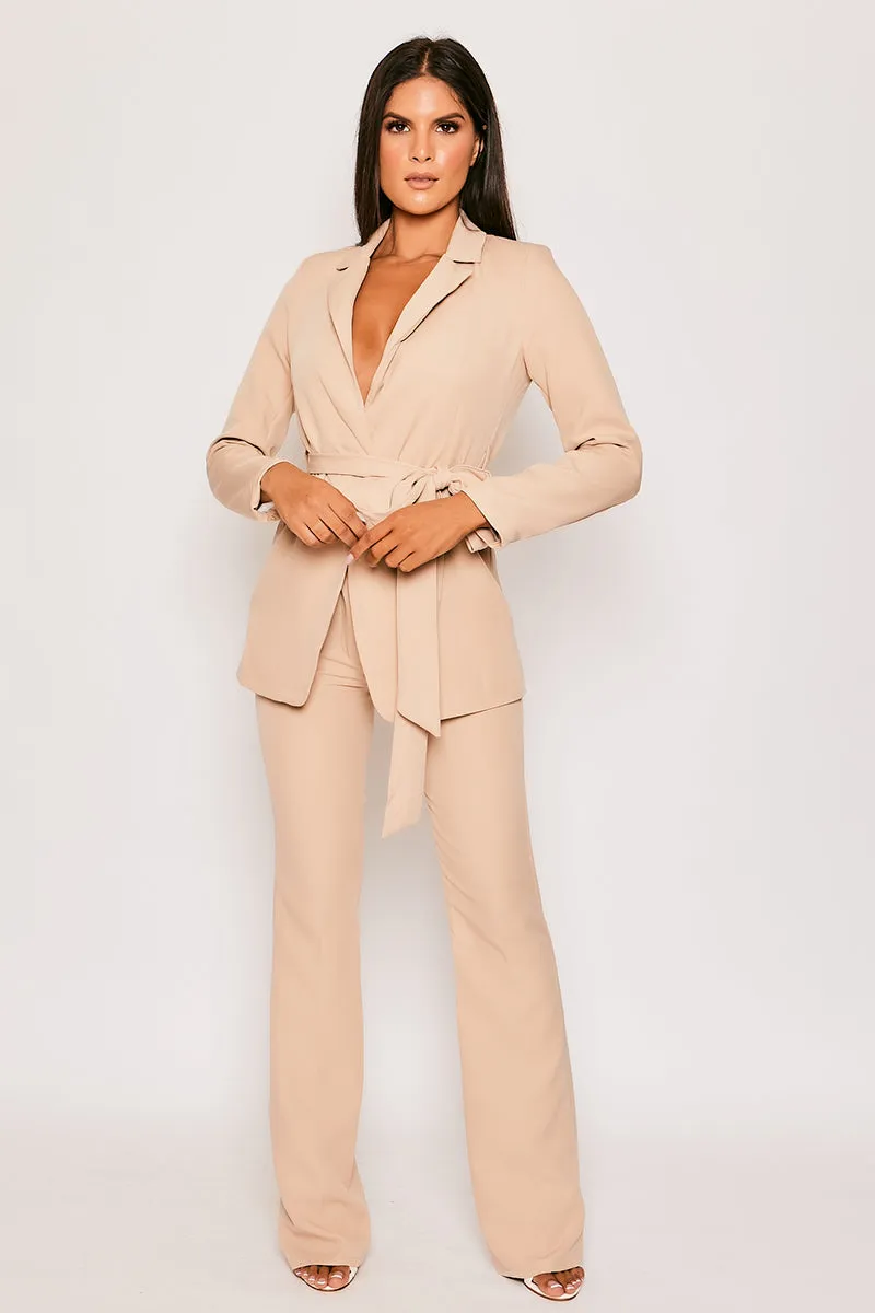 Layala - Nude Belted Blazer & Flared Trouser Set