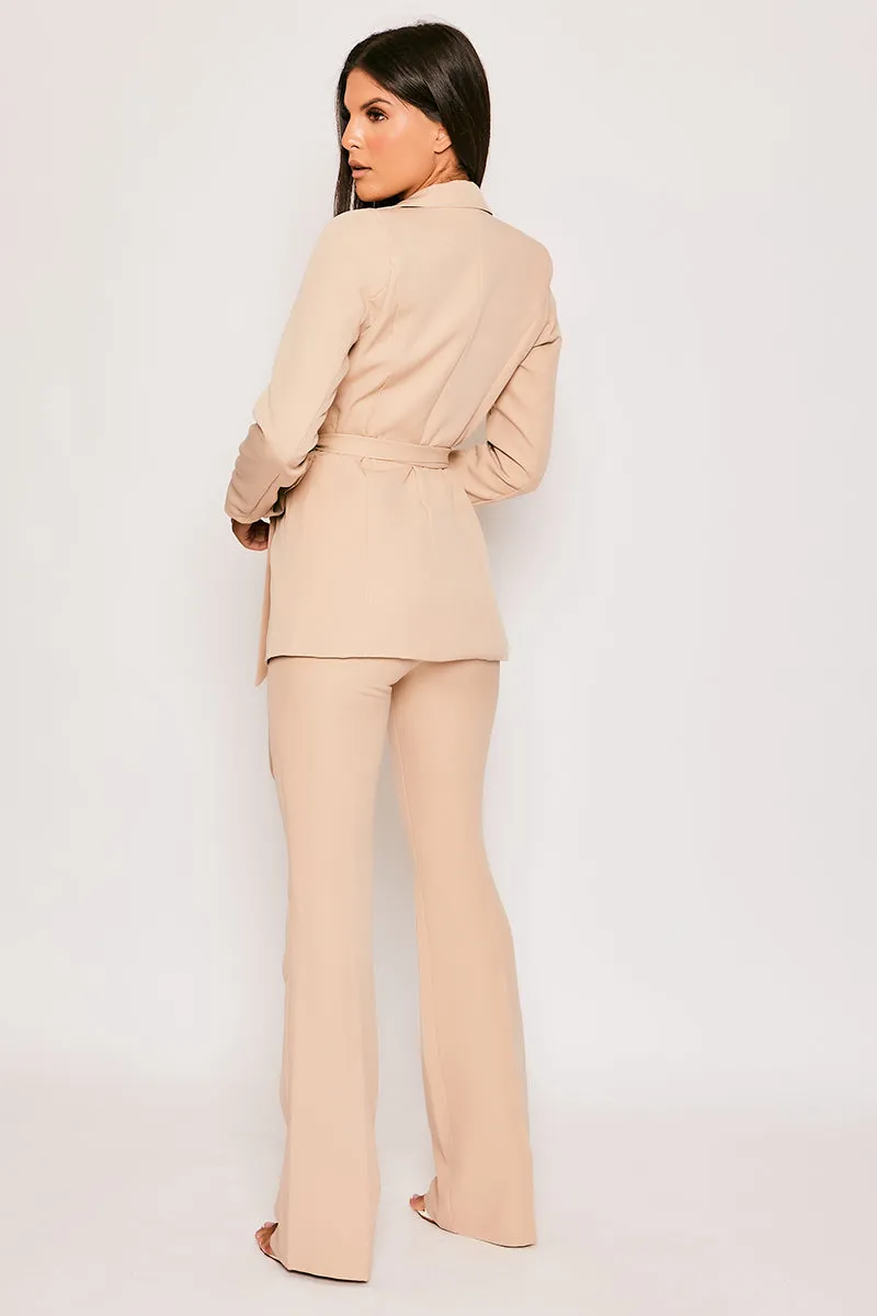 Layala - Nude Belted Blazer & Flared Trouser Set