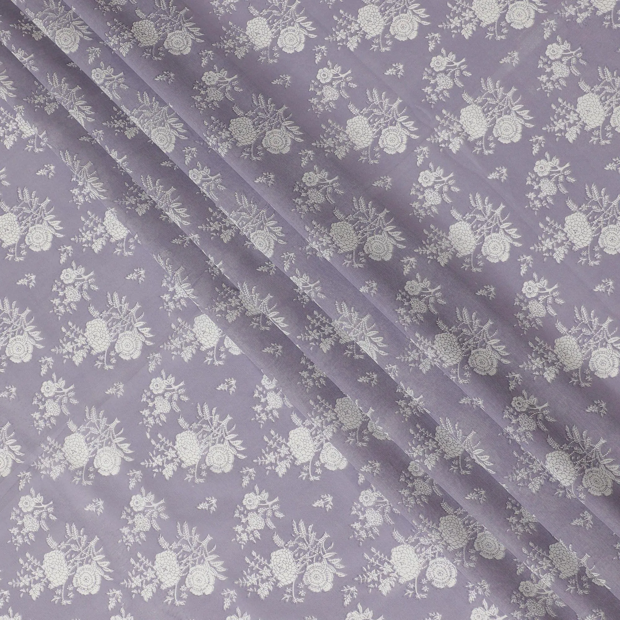 Light lilac cotton voile fabric with beige print in floral design-D15158