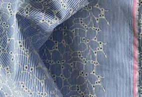 Light-Weight Floral Motifs on Blue & White Striped Cotton Eyelet (Made in Italy)