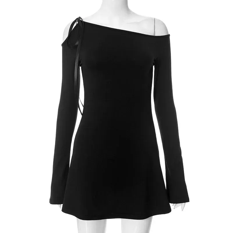 Long Shoulder Tie Up Graceful Hollow Out Mini Dress