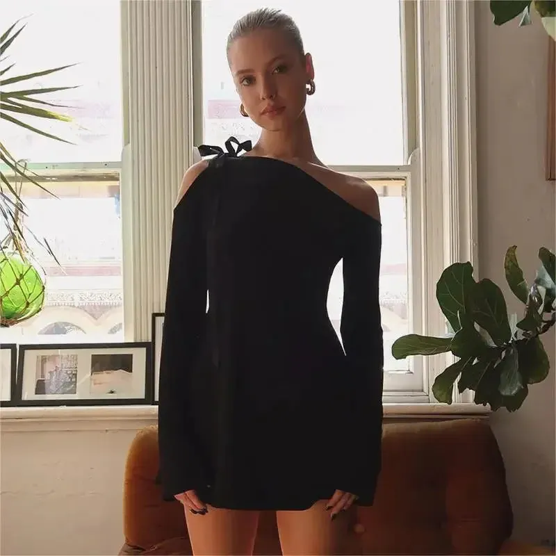 Long Shoulder Tie Up Graceful Hollow Out Mini Dress