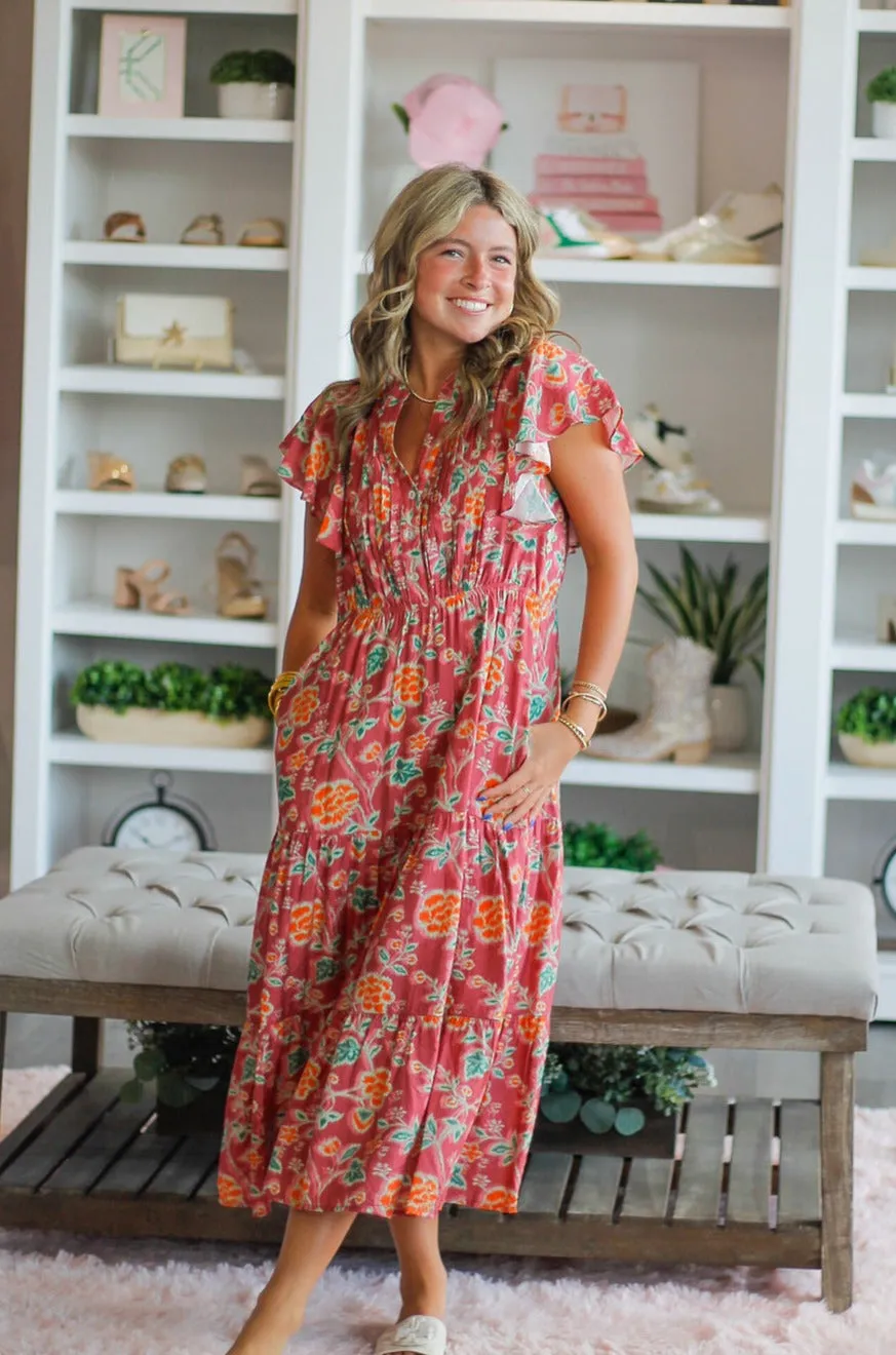 Margret Mauve Flutter Sleeve Tiered Dress