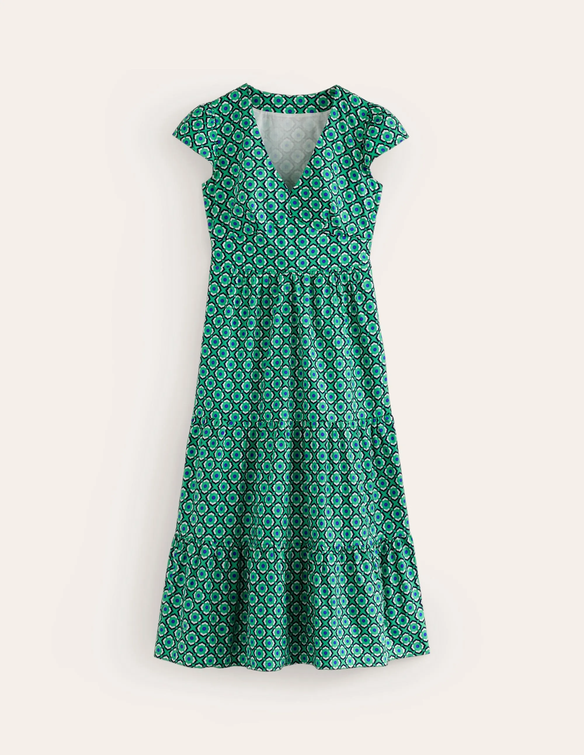 May Cotton Midi Tea Dress-Ming Green, Geo Pome