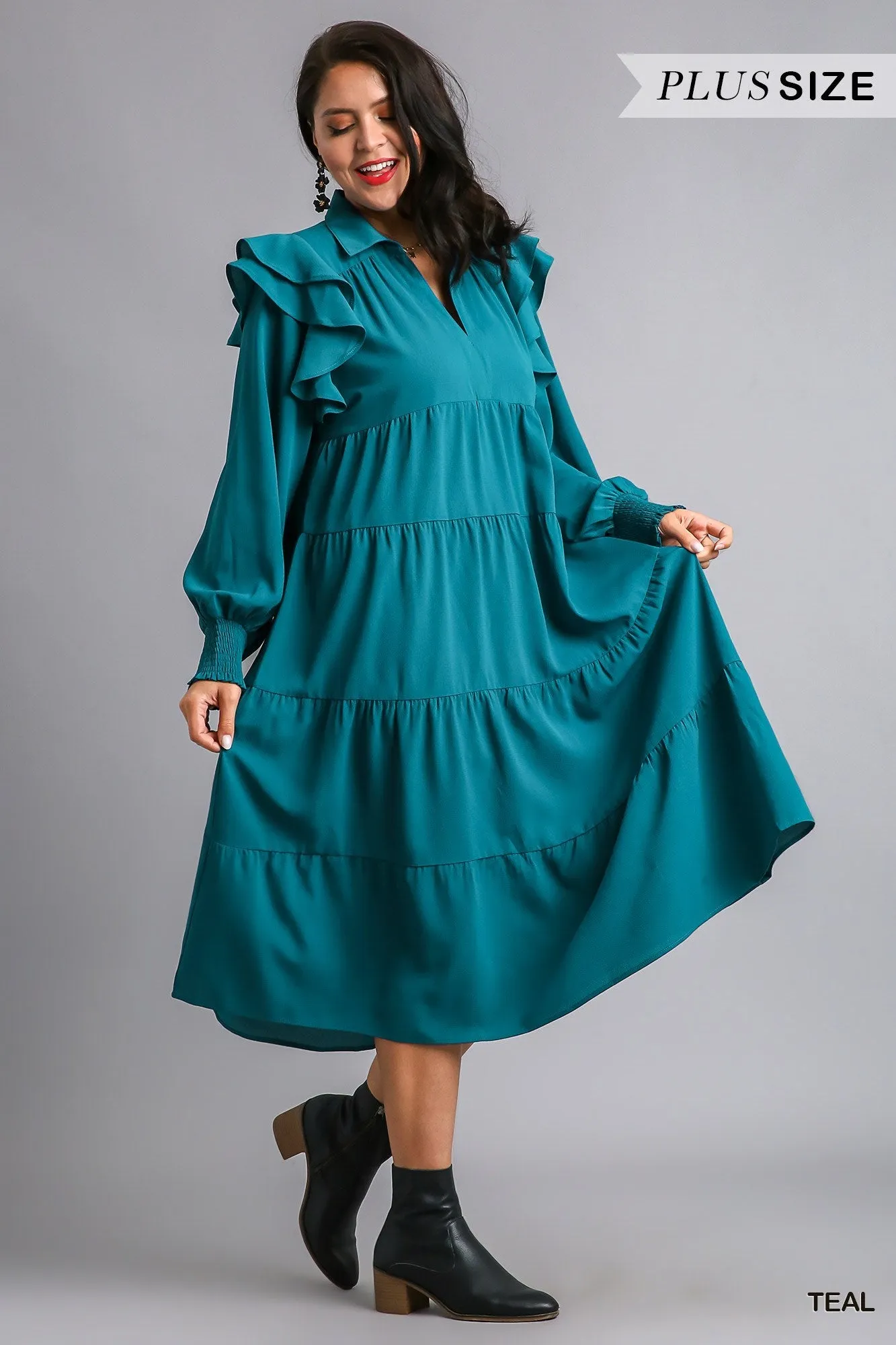 Michelle Ruffle Swing Dress-Teal