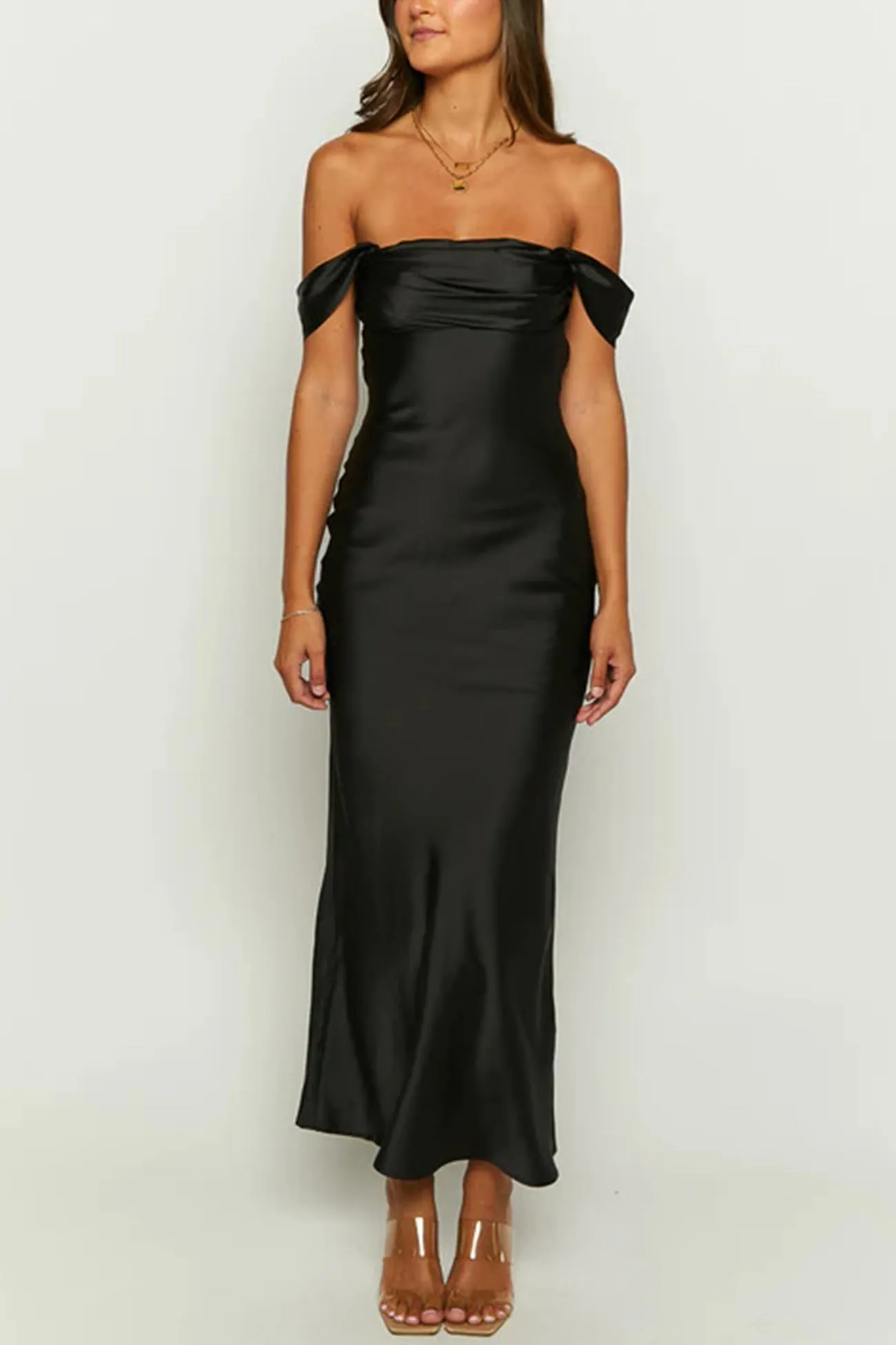 Off-shoulder Satin Ruched Pack Hip Dress
