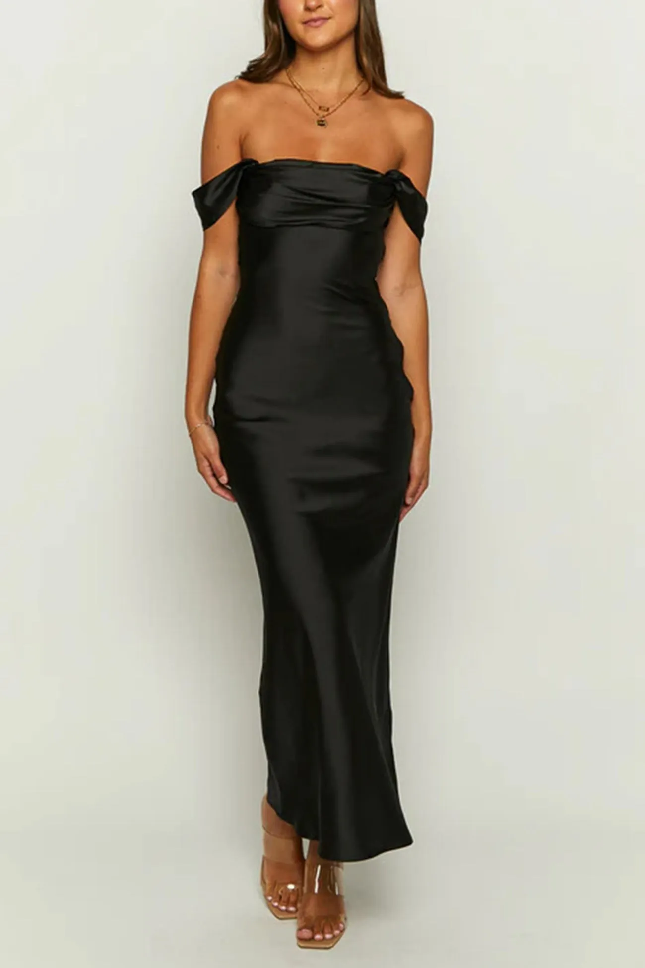 Off-shoulder Satin Ruched Pack Hip Dress