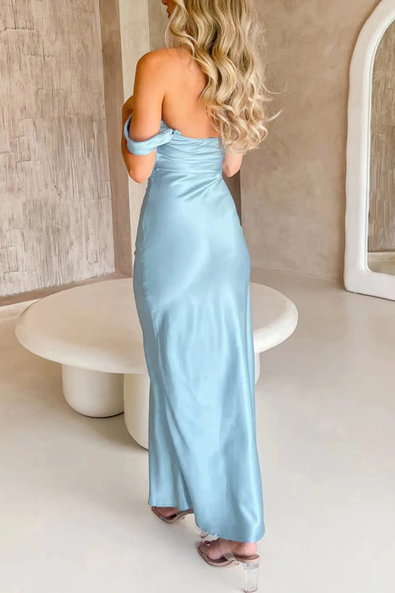 Off-shoulder Satin Ruched Pack Hip Dress