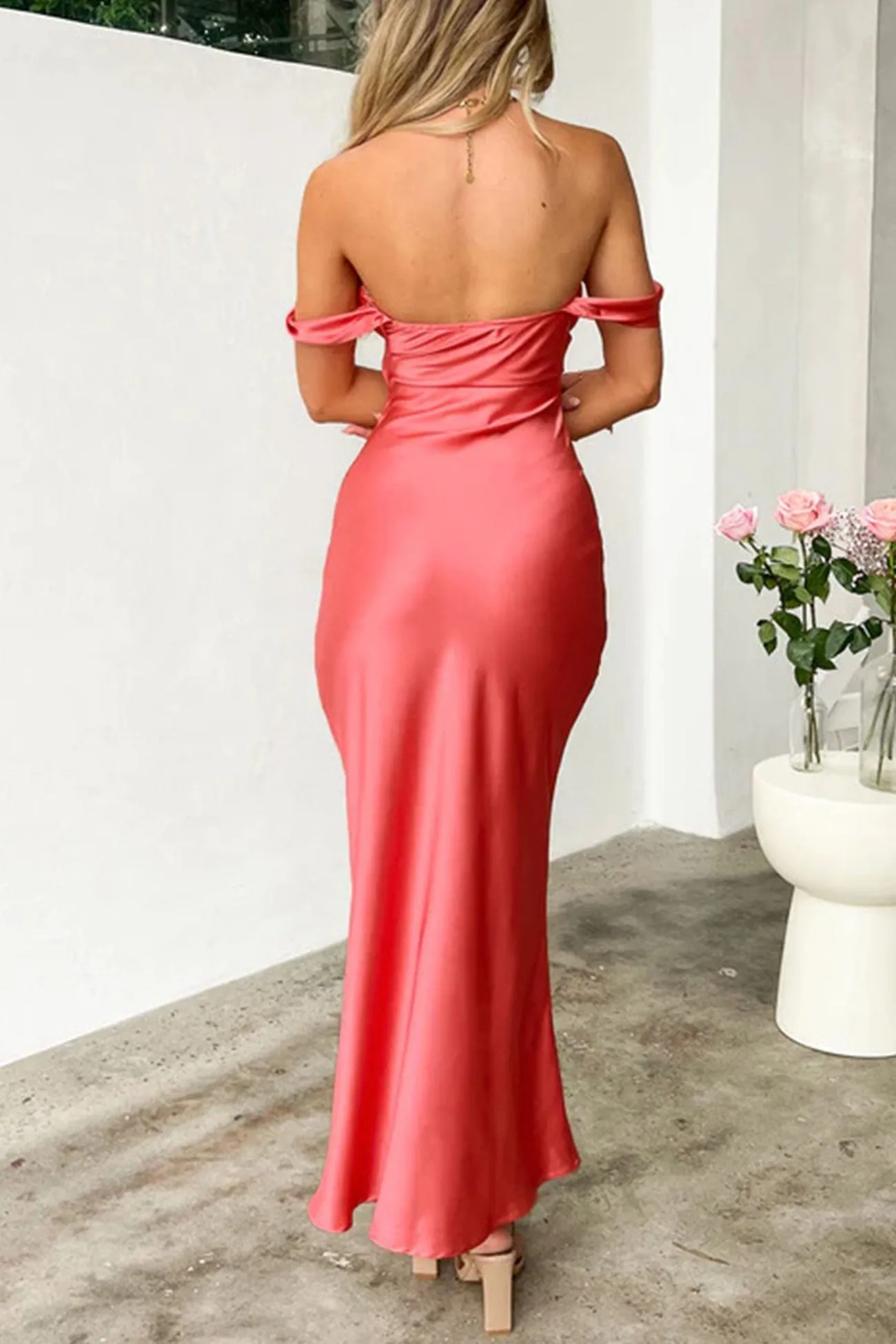Off-shoulder Satin Ruched Pack Hip Dress