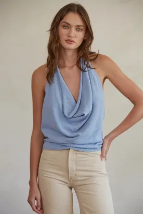 Open Back Halter Cowl Neck Sleeveless Top Dusty Blue