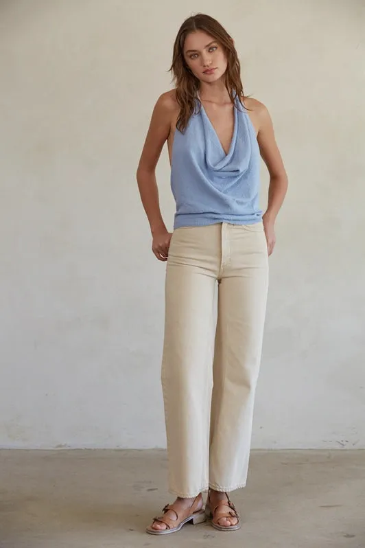 Open Back Halter Cowl Neck Sleeveless Top Dusty Blue
