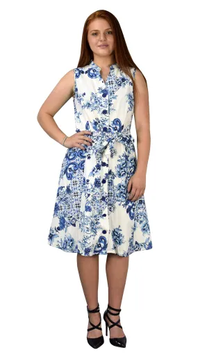 Peach Couture Blue Floral Vintage Retro Button Up Party Dress with Belt