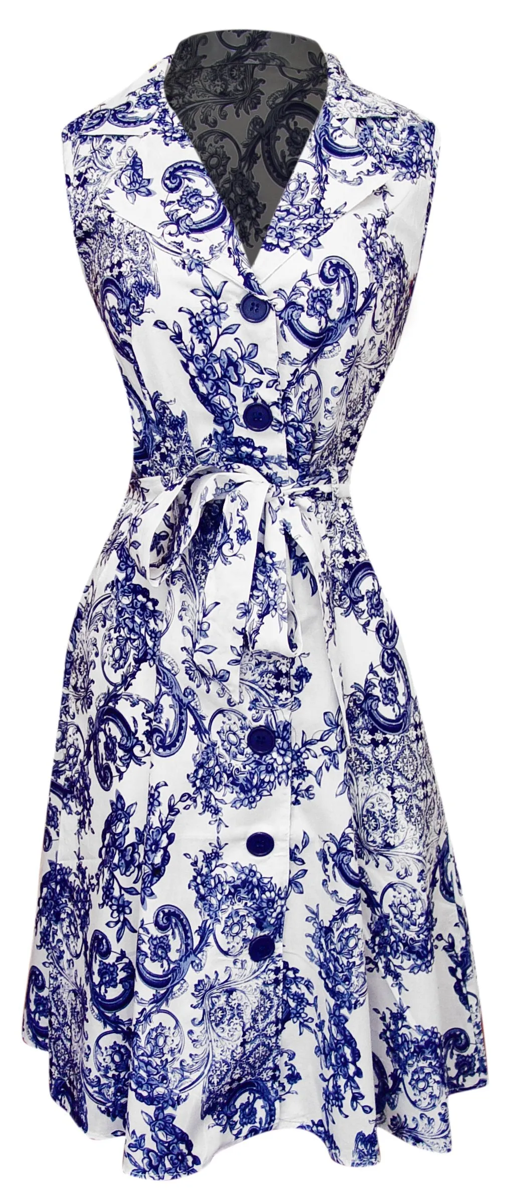 Peach Couture Blue Floral Vintage Retro Button Up Party Dress with Belt