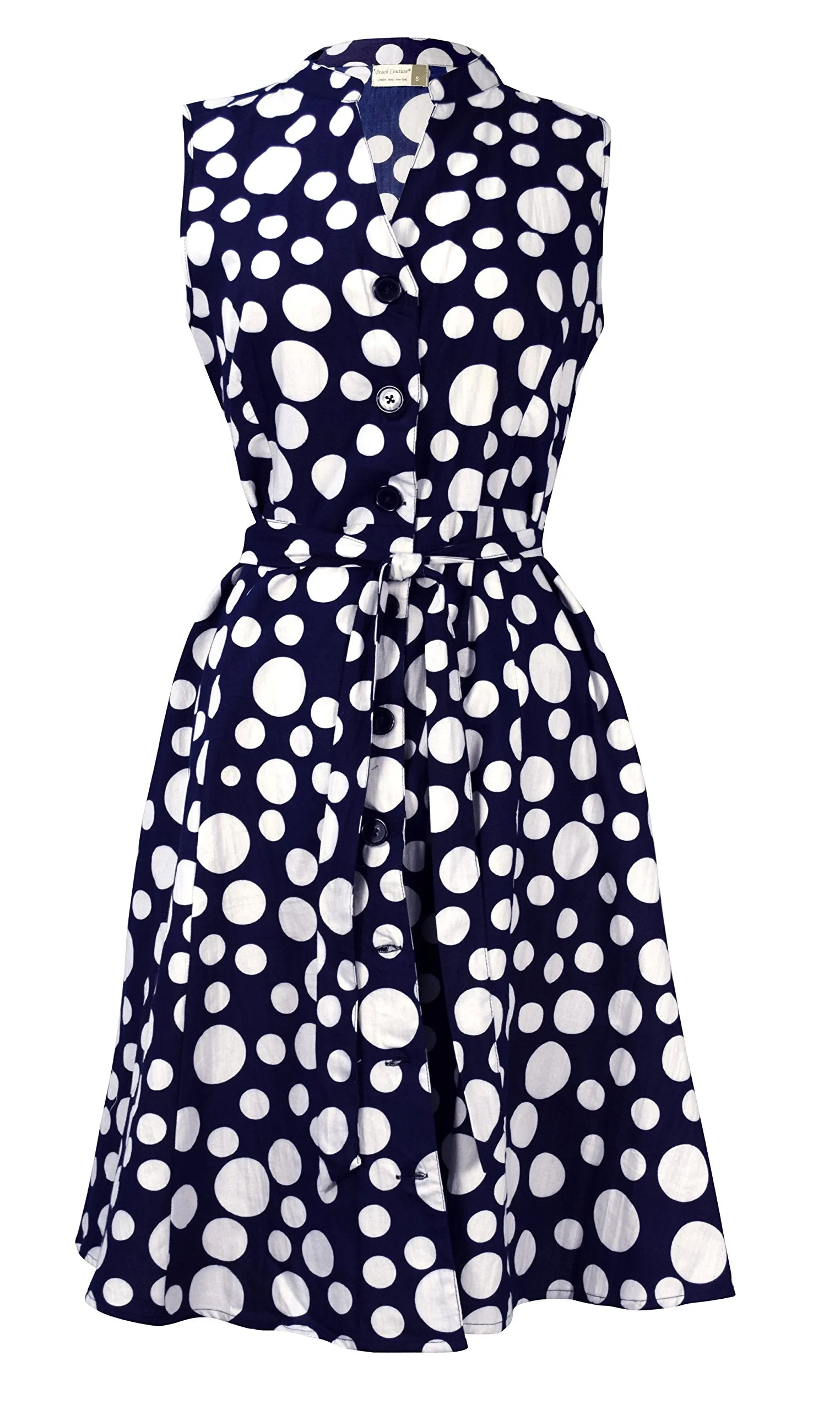 Peach Couture Blue Floral Vintage Retro Button Up Party Dress with Belt