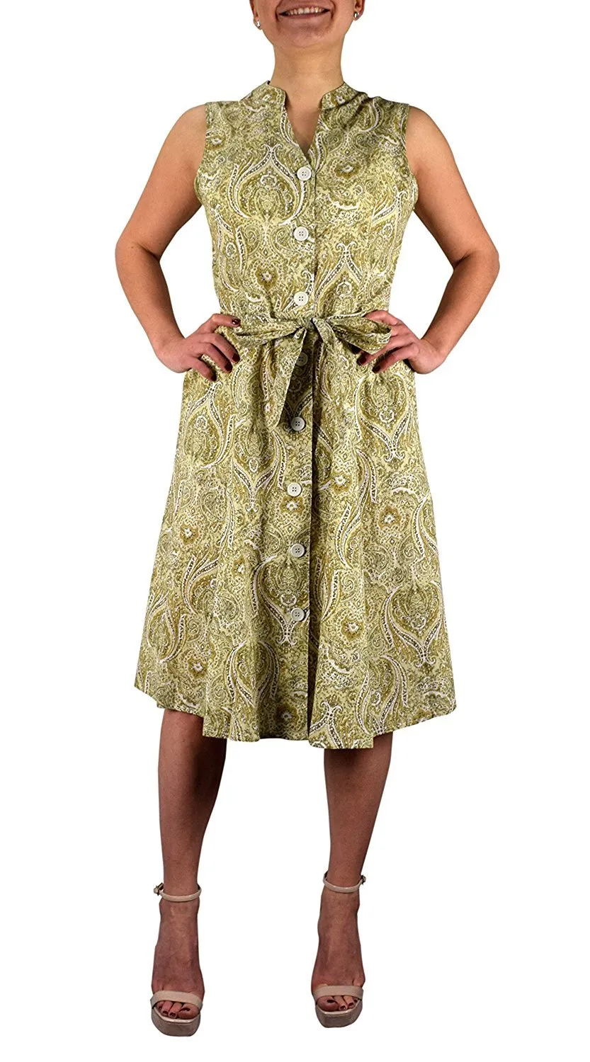 Peach Couture Blue Floral Vintage Retro Button Up Party Dress with Belt