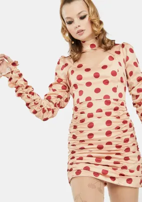 Peach Polka Dot Ruched Mini Dress